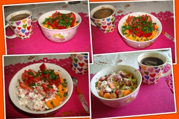 18. Serek wiejski z warzywami: marchewka, rzodkiewka, pomidor, papryka, szczypiorek i siemię lniane