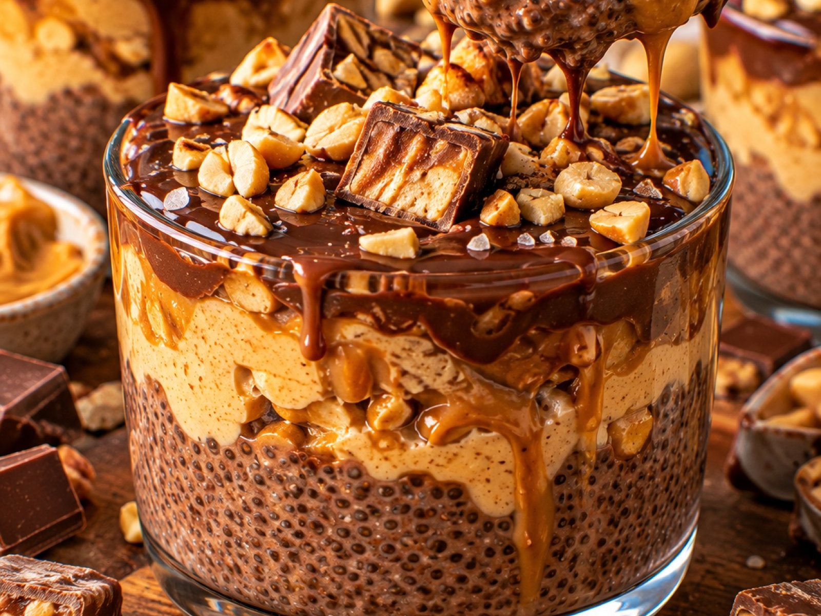 Chia pudding à la Snickers – czekolada, karmel i masło orzechowe