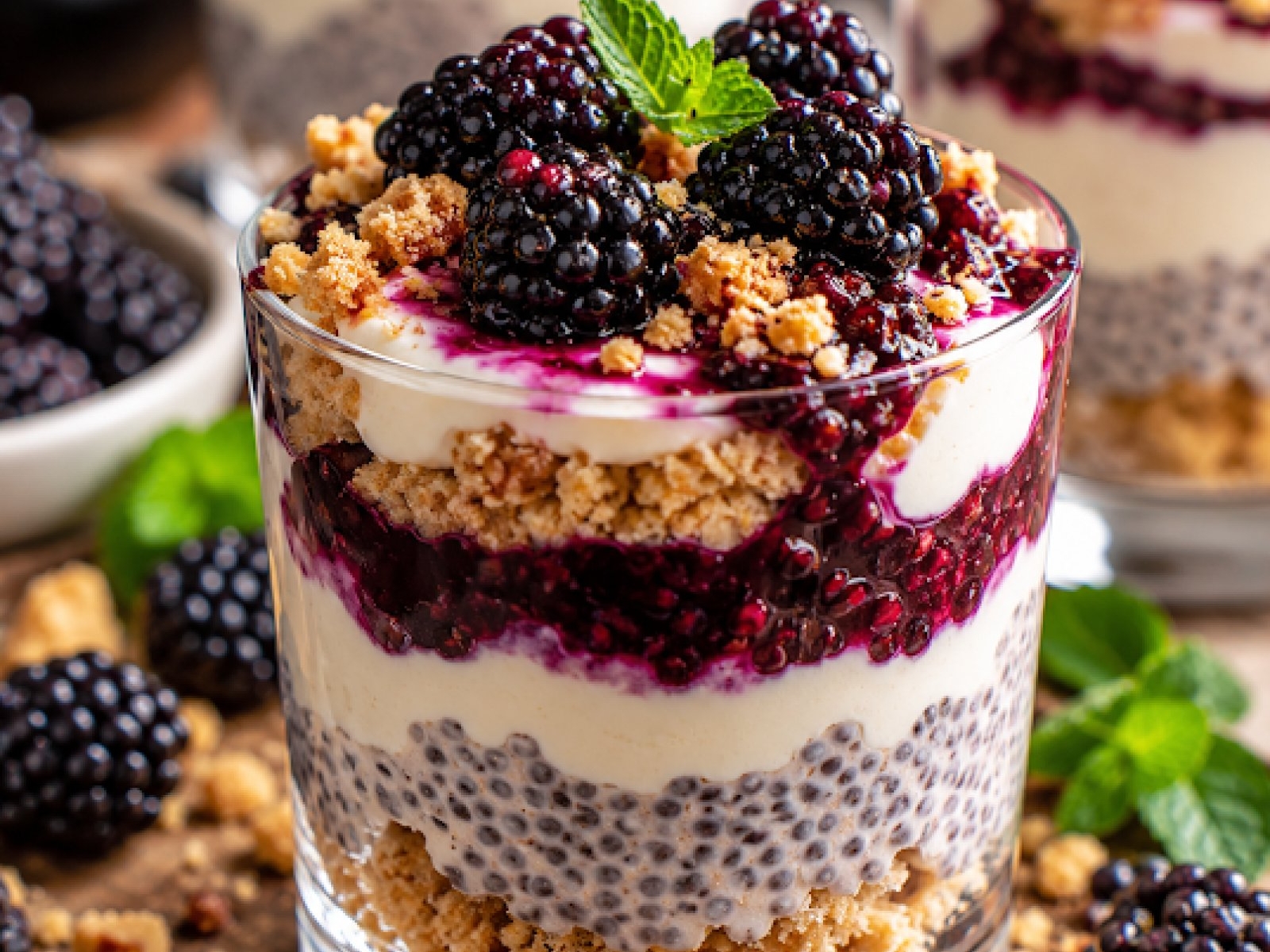 Proteinowy pudding chia z jeżynami – kremowy deser à la sernik