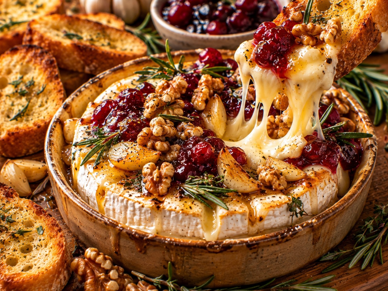 Pieczony camembert z czosnkiem, rozmarynem i żurawiną