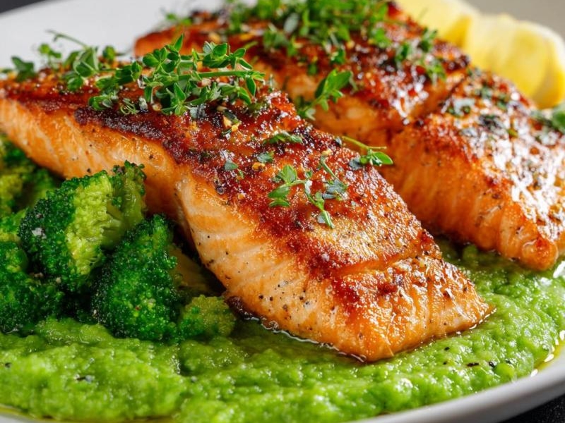 Pieczony łosoś z puree brokułowym – odkryj zdrowy przepis!