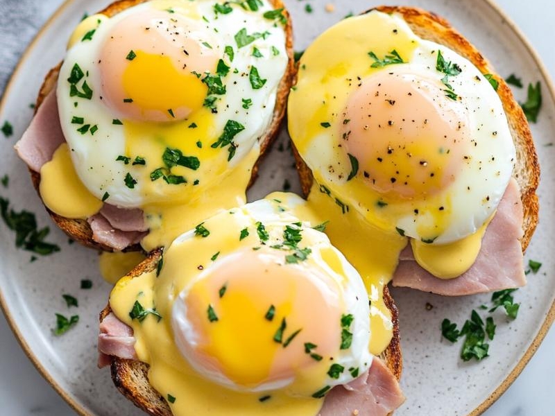 Jajka po benedyktyńsku na tostach z szynką i sosem holenderskim