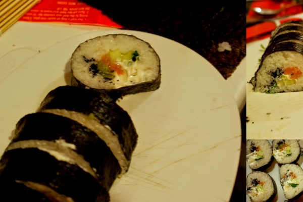 Sushi Futomaki z wędzonym łososiem, serkiem philadelphia i owocami
