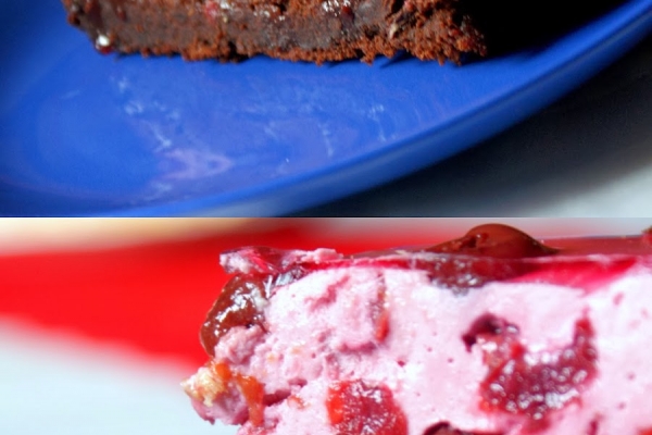 Ciasto czekoladowe z musem czekoladowym i kremem wiśniowym przekładane wiśniową konfiturą oraz z glazurą wiśniową