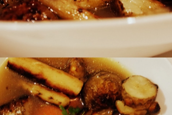 Zupa z kaczki z maślanymi warzywami: skorzonerą, topinamburem, koprem włoskim i czarną rzepą