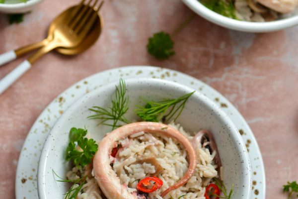 Risotto z ośmiornicą i pieczarkami