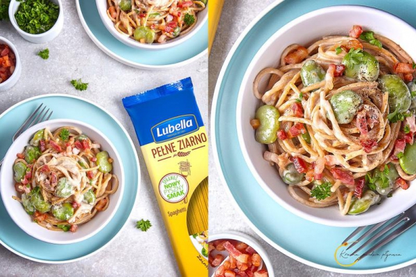 Spaghetti z bobem i boczkiem w kremowym sosie