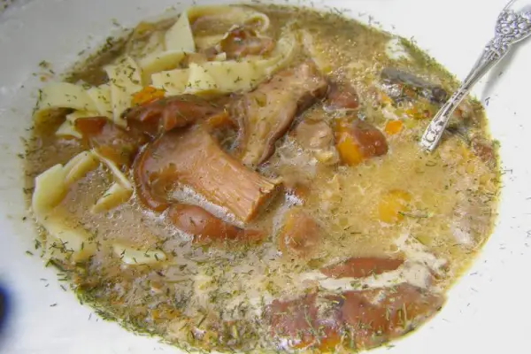 z  mrożonych grzybów pyszna zupa z makaronem, śmietaną...