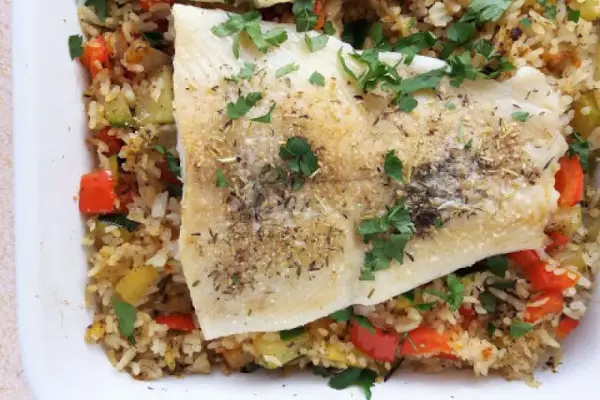 Ryba z piekarnika z warzywami i ryżem / Baked Fish with Rice and Vegetables