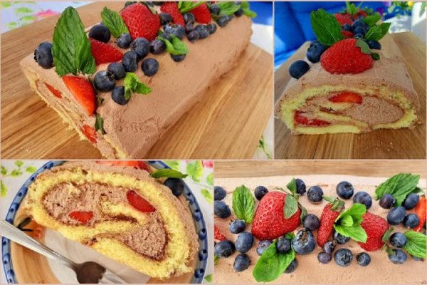 Rolada z bitą śmietaną, nutella i truskawkami