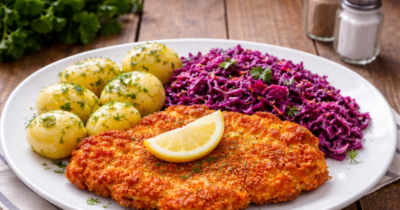 Kotlet schabowy z ziemniakami i czerwoną kapustą.