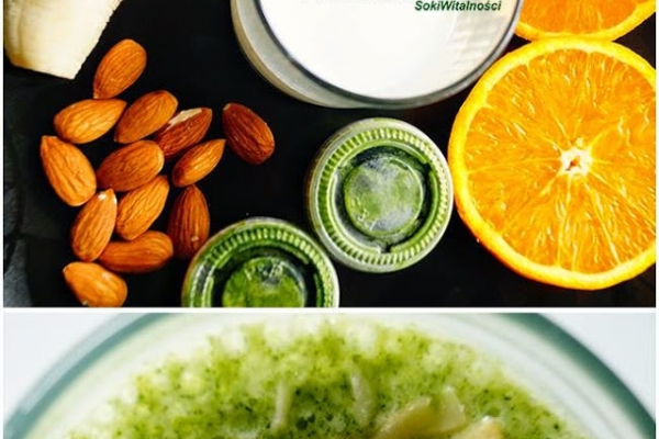 zielony jęczmień + pomarańcza + banan + mleko roślinne + cynamon + migdały
