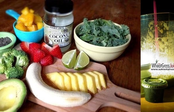 jarmuż + trawa pszeniczna + brokuł + mango + ananas + truskawki + banan + awokado + limonka + olej kokosowy