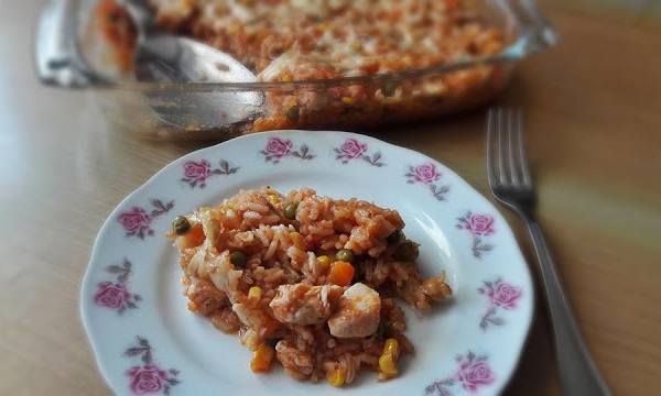 Zapiekane risotto z kurczakiem i warzywami
