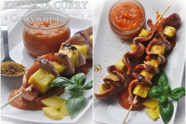 Szaszłyki z kiełbasy i mango. Kiełbasa curry