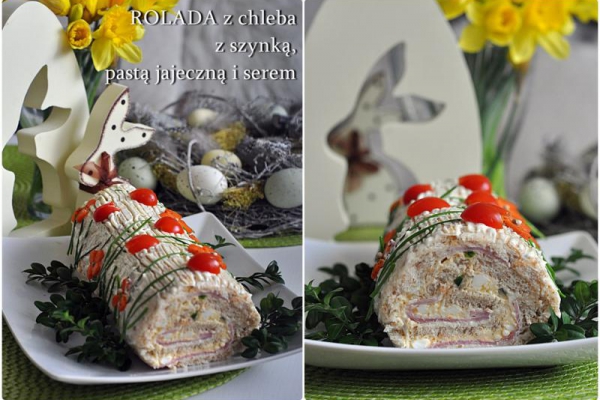 Rolada z chleba z szynką, pastą jajeczną i serem