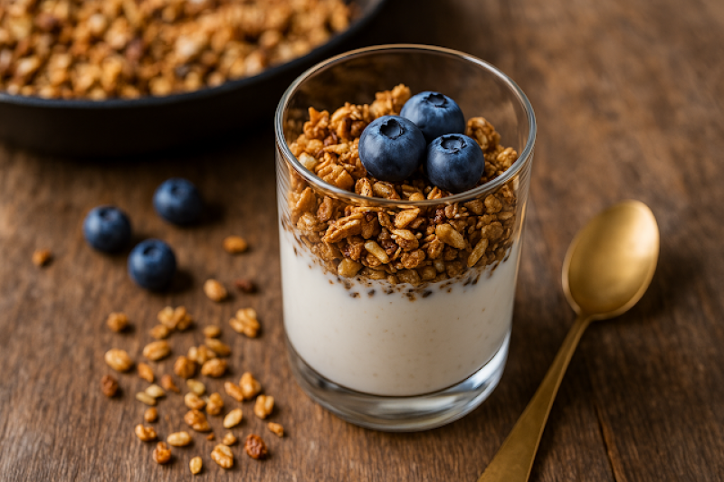Granola z patelni w 10 minut – z jogurtem i owocami