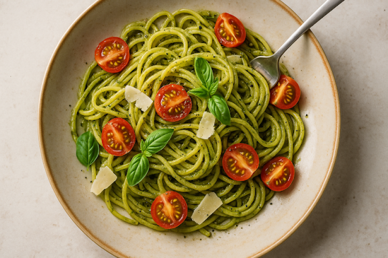 Makaron z pesto bazyliowym i pomidorkami – szybki obiad 12 min