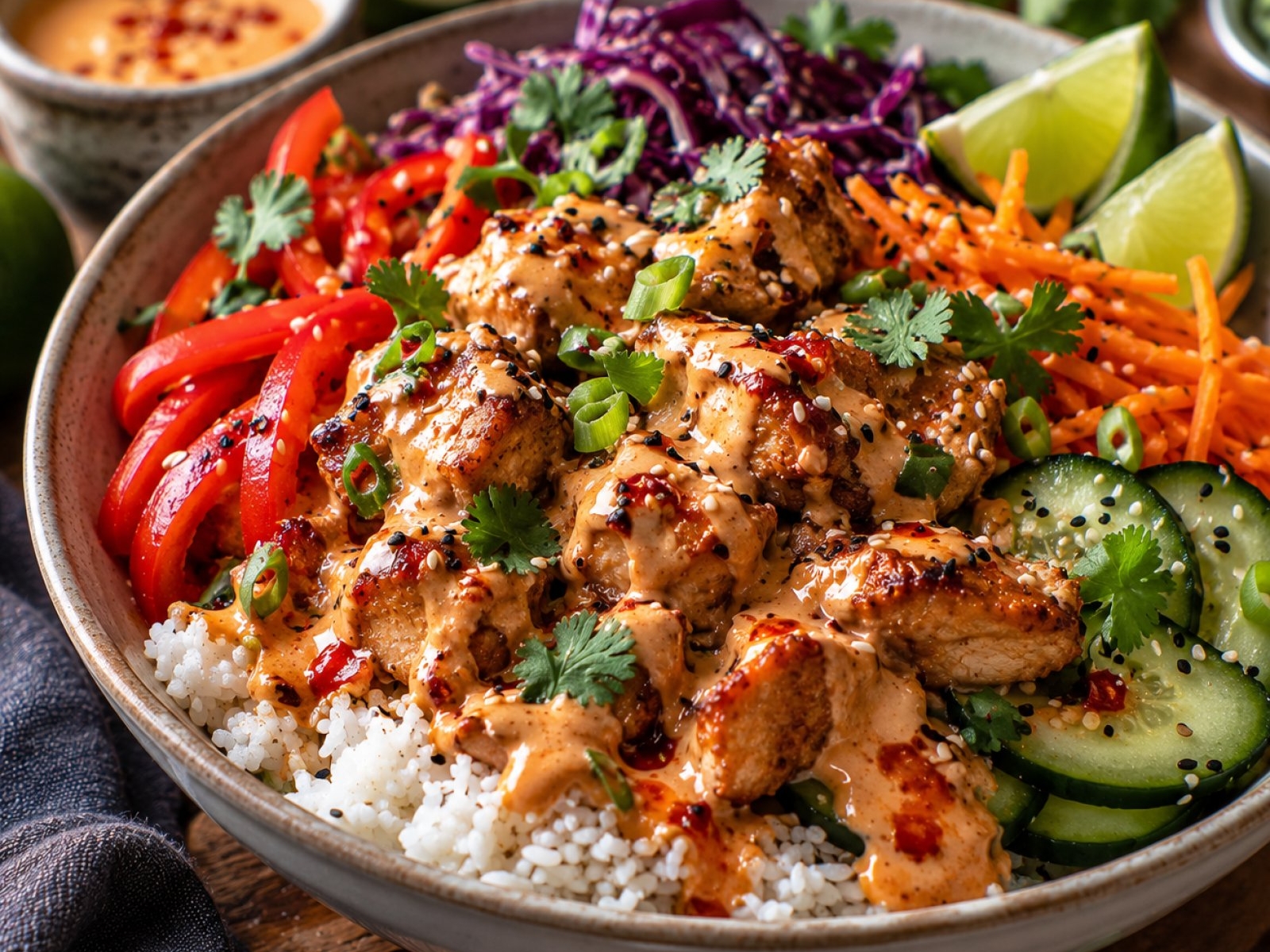Fit Bang Bang Chicken Rice Bowl – kremowy, pikantny i wysokobiałkowy