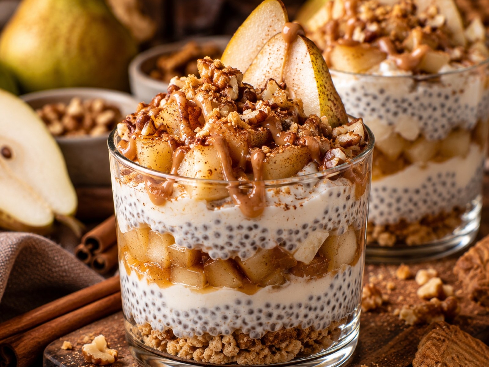 Fit Pear Cheesecake Chia Cups – proteinowy deser z gruszką