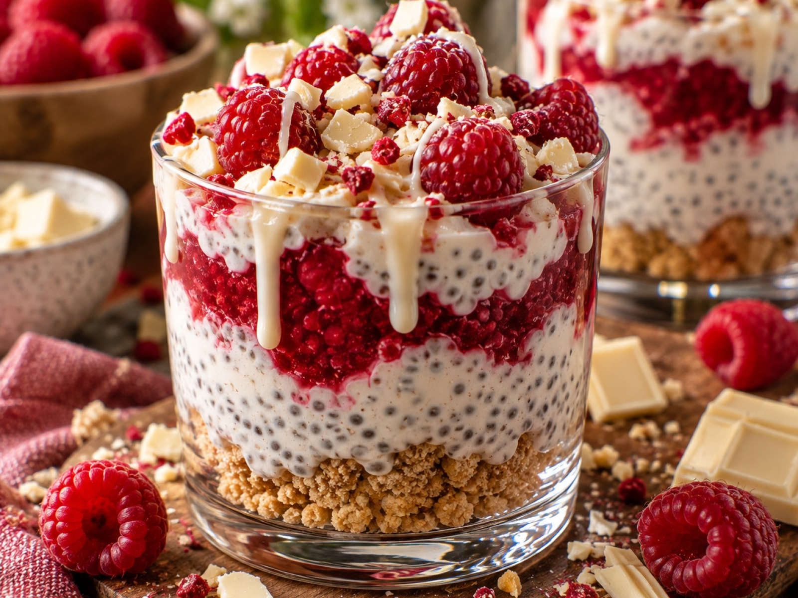 Fit Raspberry White Chocolate Chia Cups – proteinowy deser z malinami