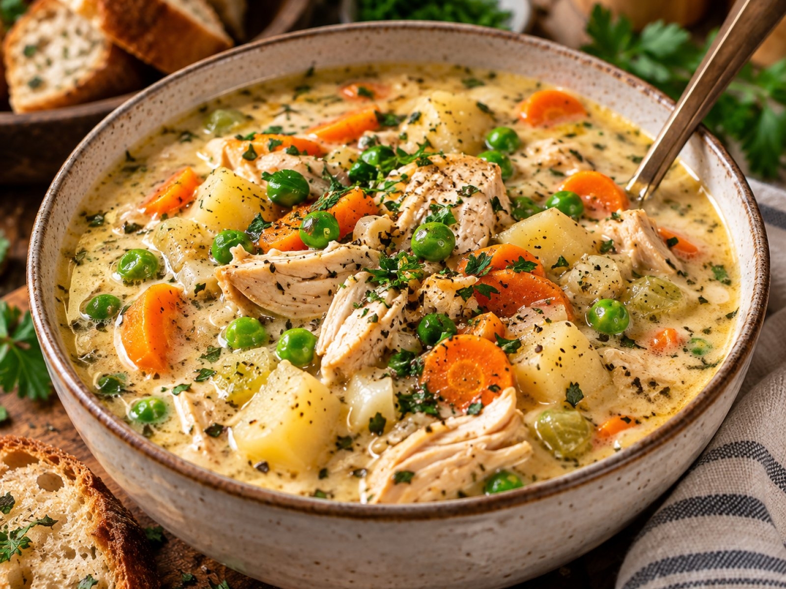 Fit Chicken Pot Pie Soup – kremowa zupa z kurczakiem i warzywami