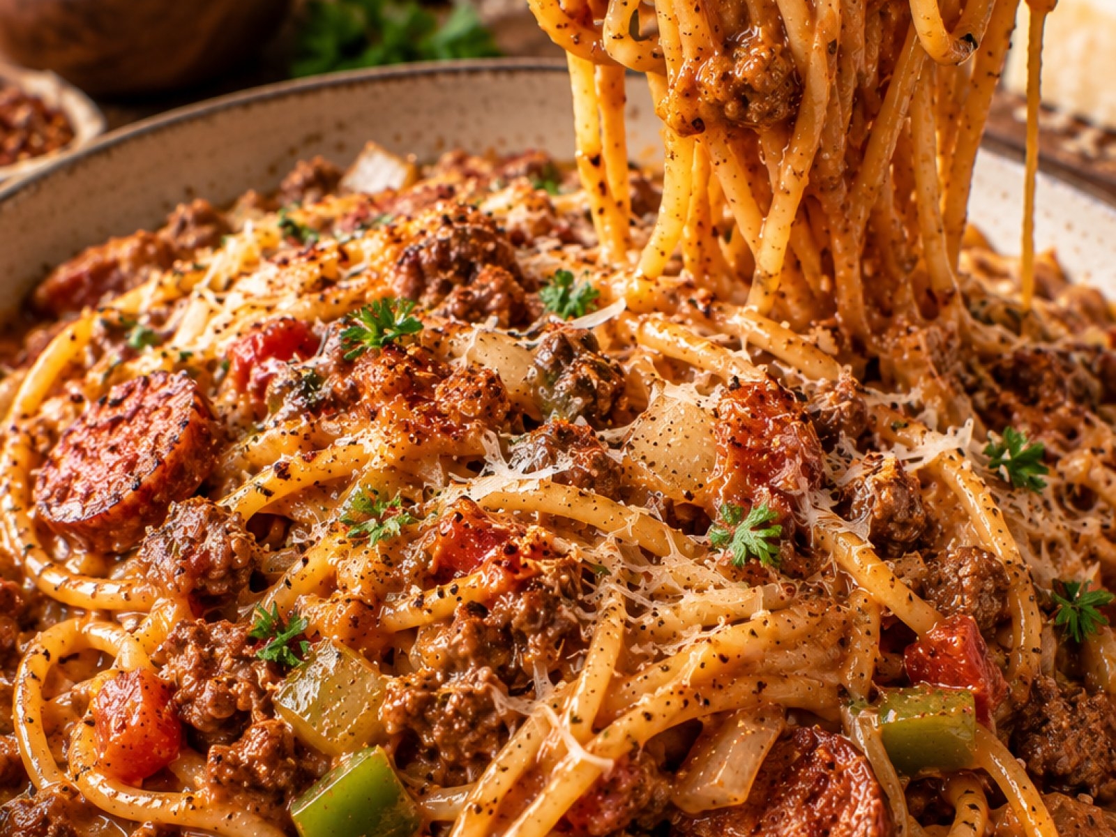 Dirty Spaghetti – pikantny makaron Cajun z mięsem