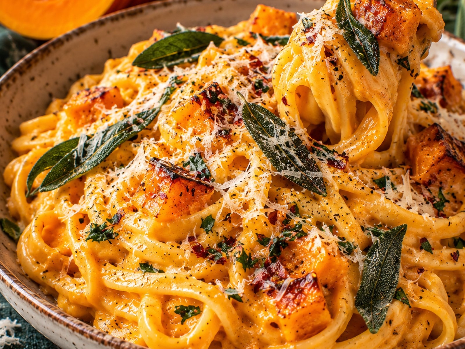 Kremowy makaron z dynią, czosnkiem i parmezanem – przepis