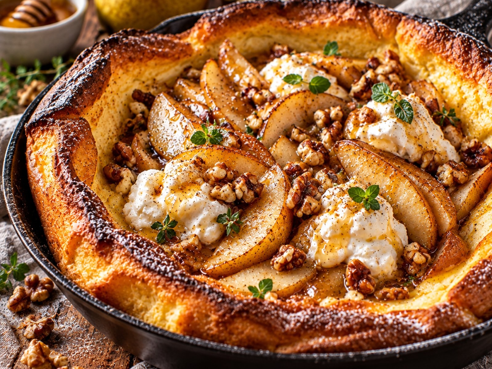 Dutch Baby z gruszkami i ricottą – puszysty naleśnik z piekarnika