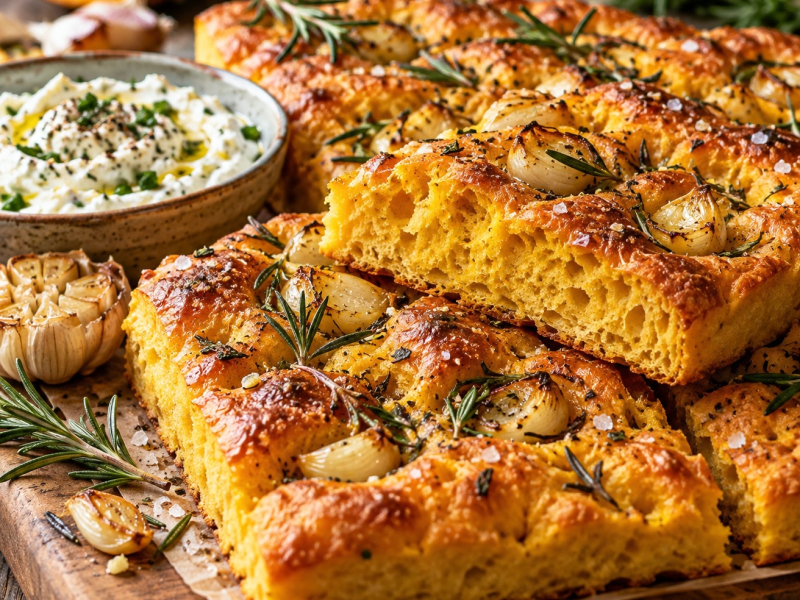 Focaccia dyniowa z rozmarynem i pieczonym czosnkiem