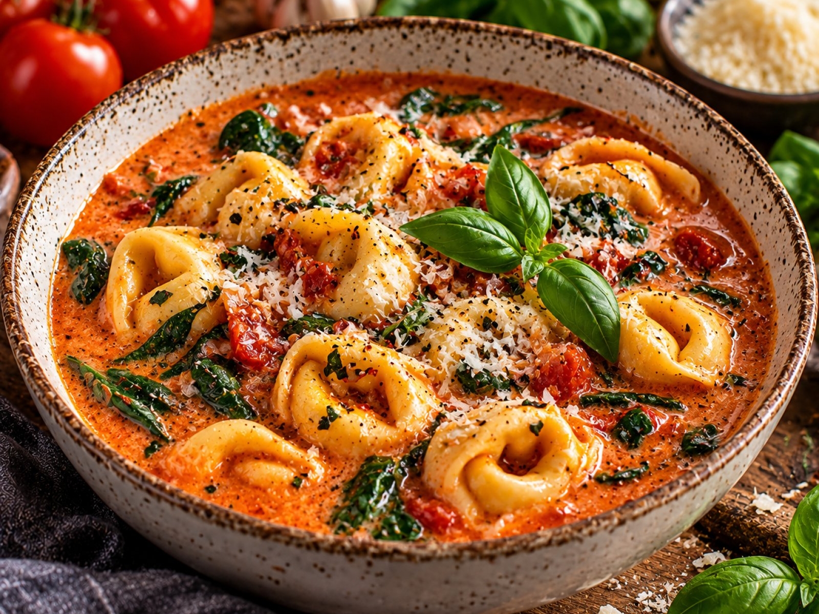 Zupa z tortellini w kremowym sosie pomidorowym – przepis