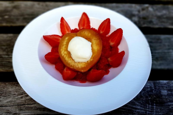 Poached peach with strawberry granita