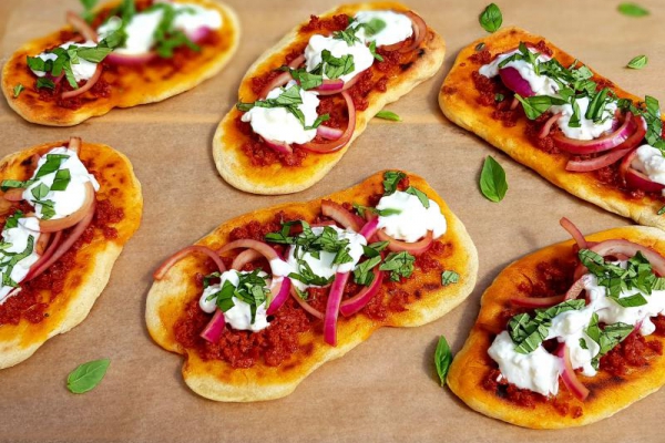 Płaskie chlebki Chorizo z marynowaną cebulą i jogurtem feta u R.
