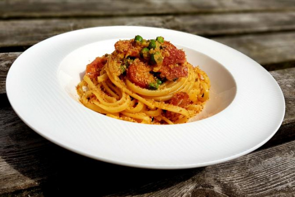 Chorizo, Iberico ham and tarragon linguine