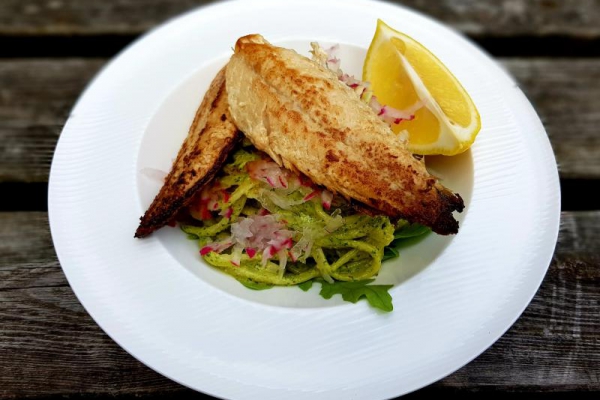 Charred mackerel linguine with rocket and almond, aged Parmesan and lemon