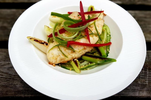 Seared hake with chilli, cucumber, spring onion