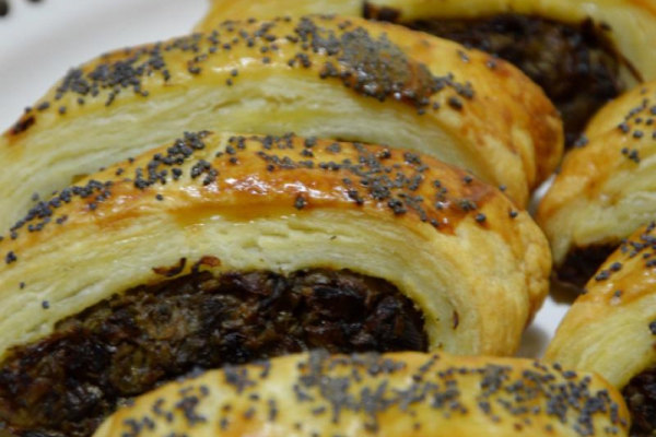 Puff pastry pies with cabbage and mushrooms