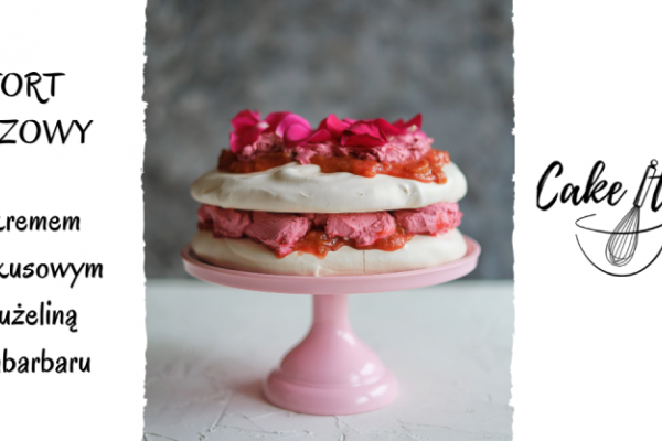 Tort bezowy z kremem hibiskusowym i frużeliną z rabarbaru