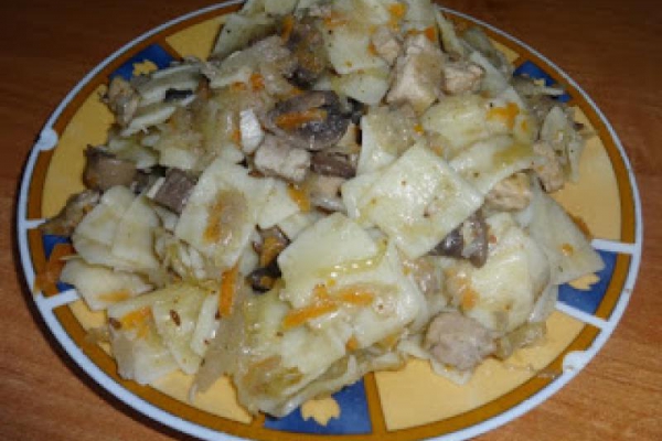 Makaron łazanki z grzybami, mięsem i kapustą.