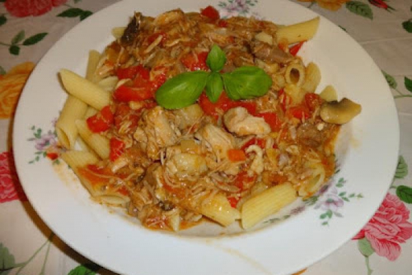 Gulasz po węgiersku z makaronem penne.