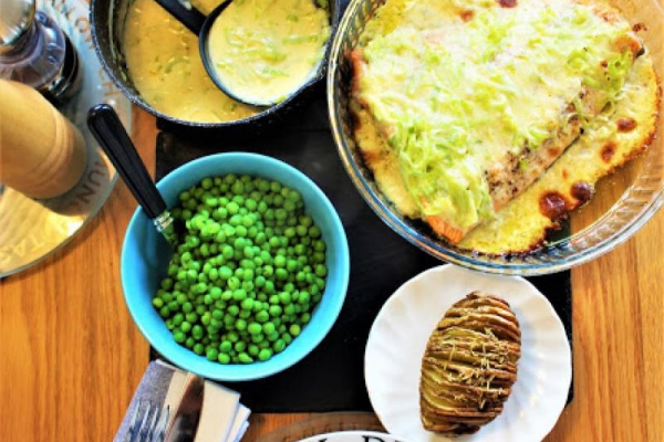 Scottish salmon with cheese & leek sauce