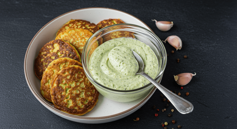 Sos do placków z cukinii, który totalnie odmieni ich smak – czosnkowo-ziołowa petarda