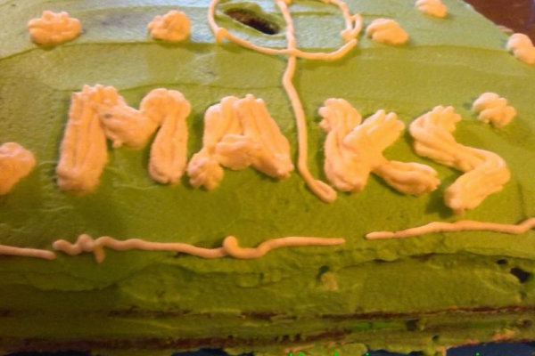 Domowy tort piłkarski śmietanowo - brzoskwiniowy. Boisko typu orliki ;)
