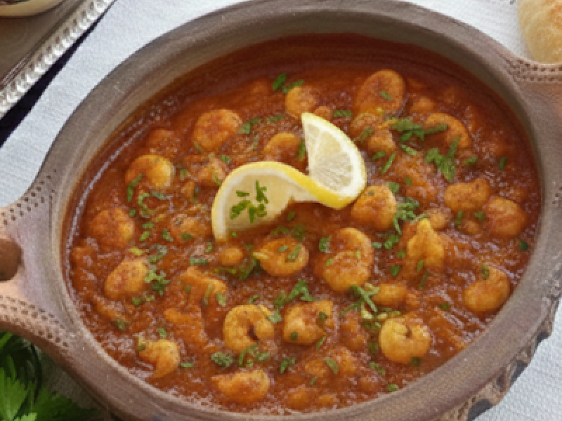 Marokańskie tajine z krewetkami w sosie pomidorowym