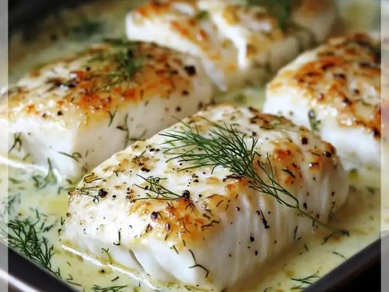 Pieczony Halibut z Koprem i Śmietaną to pyszne danie