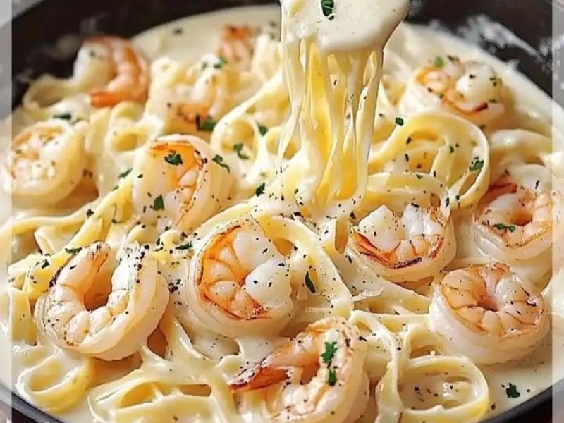 Kremowe Fettuccine Alfredo z Krewetkami to pyszne danie