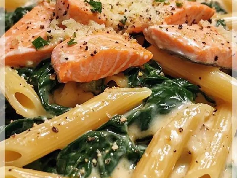 Penne z łososiem szpinakiem i kremowym sosem to pyszne danie