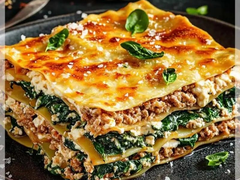 Lasagne ze szpinakiem kurczakiem i sosem bolognese to pyszne danie