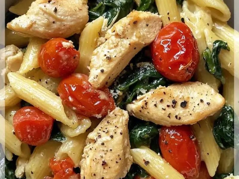 Penne z Kurczakiem Szpinakiem i Pomidorkami Koktajlowymi