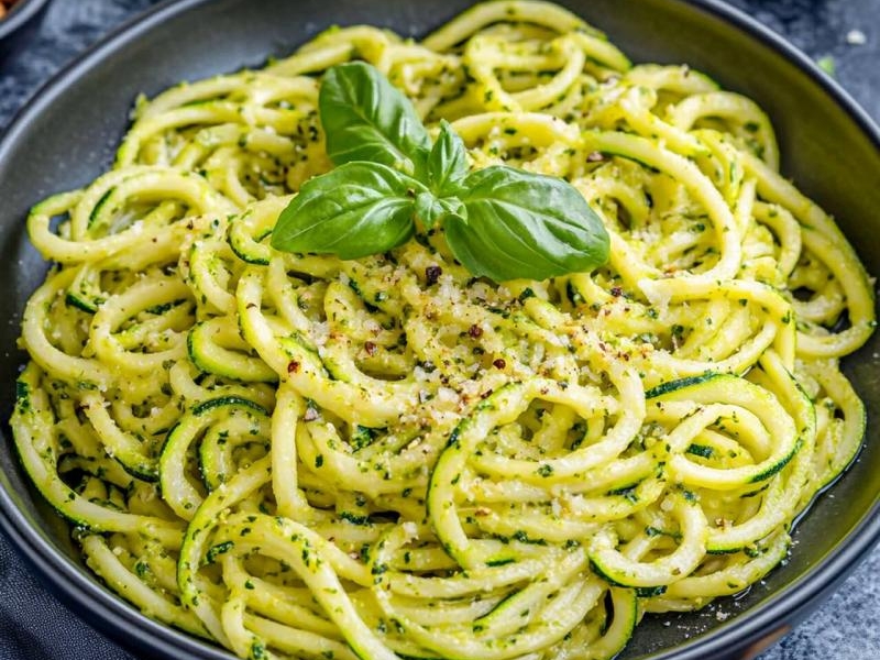 Keto spaghetti z makaronem z cukinii i pesto